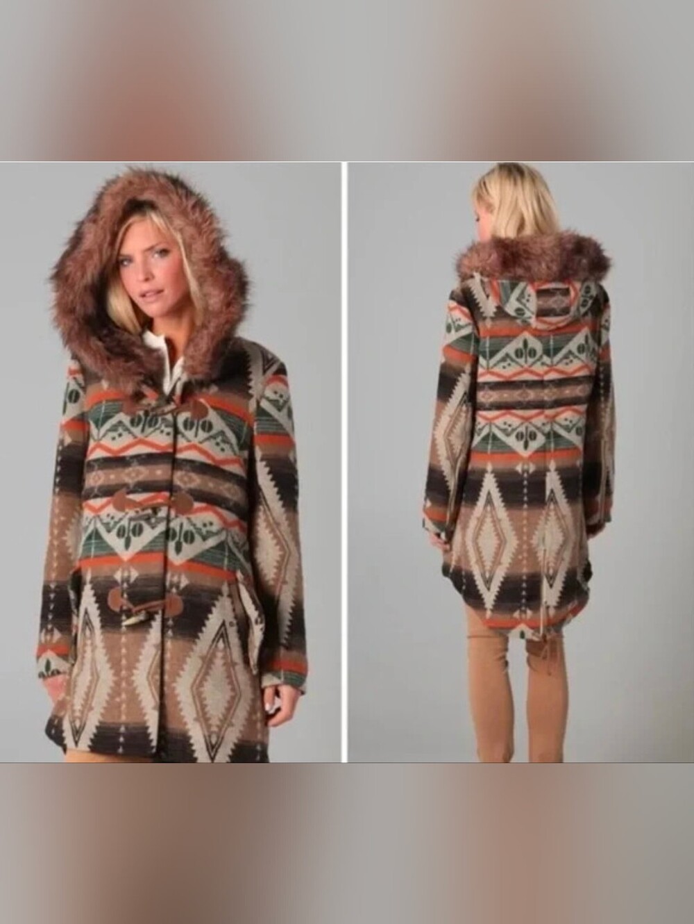BB Dakota Southwestern Aztec Faux Fur Trim Hooded Coat Jacket Womens M Fish Tail
